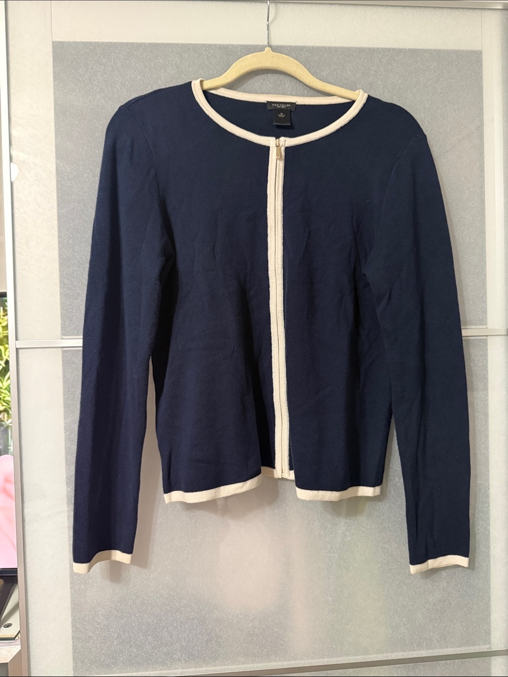 Ann Taylor Navy Crewneck Zip-Front Cardigan with Cream Trim
